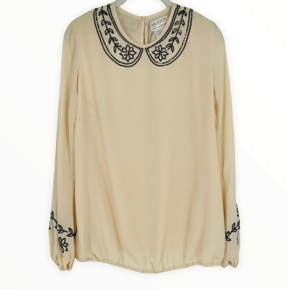 Max Studio MSSP Chiffon Blouse Top Long Sleeve Sequin Cream Small Women NEW